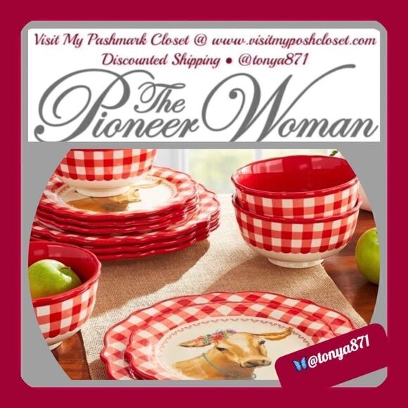 🦋 Host Pick! 🥳 🦋 New Pioneer Woman "Cow" Gingham 12-Piece Ceramic Dinnerware - Picture 1 of 6